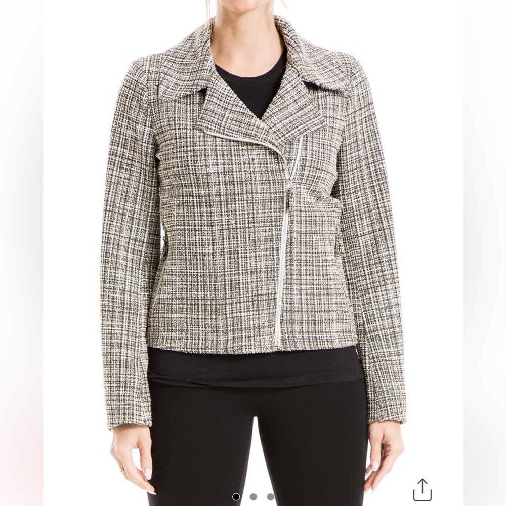 Max Studio Plaid Tweed Moto Jacket Women L NWT Cropped Blazer